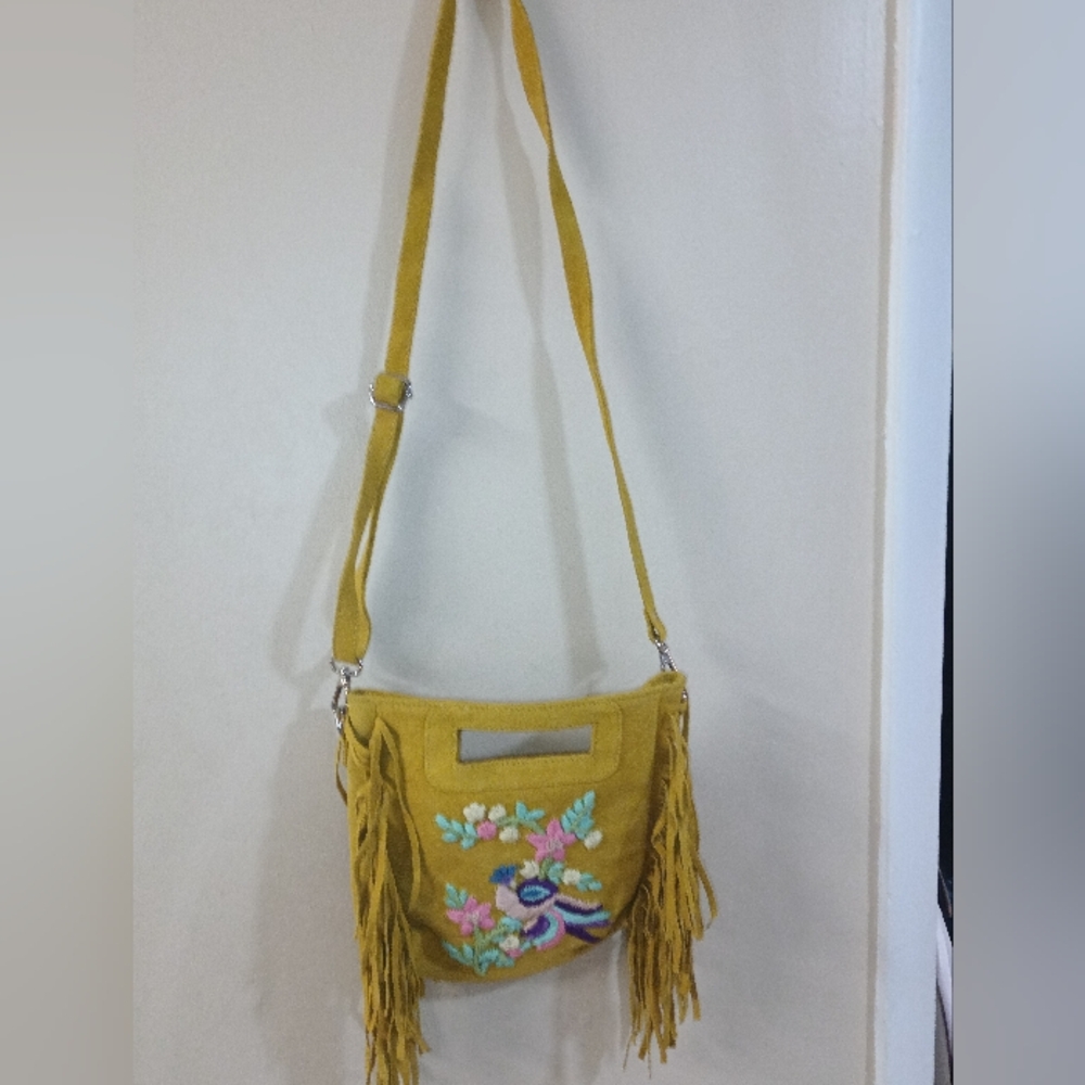 Embroidered Yellow Crossbody Bag with Fringe - Picture 10 of 14